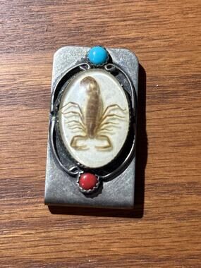 Vintage Southwestern Scorpion Money Clip Turquoise Coral Color Accents